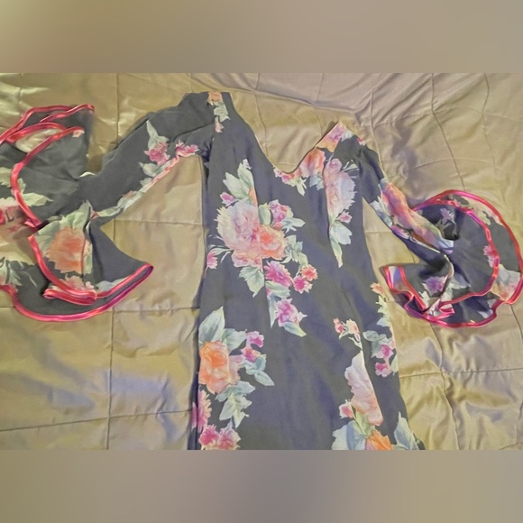 Slate & Magenta Floral Flamenco Dress Handmade in Spain-zipper,v-neck,longsleeve - Picture 5 of 16